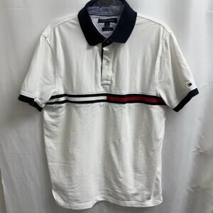 Tommy Hilfiger Polo Shirt Mens Medium White Blue Red Stripe Custom Fit
